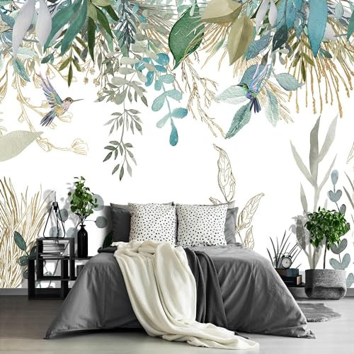 Naturempress Papier Peint Panoramique Colibri Élégant À Feuilles Tropicales Papier Peint Intissé Tapisserie Poster Mural pour Salon Chambre Décoration Murale