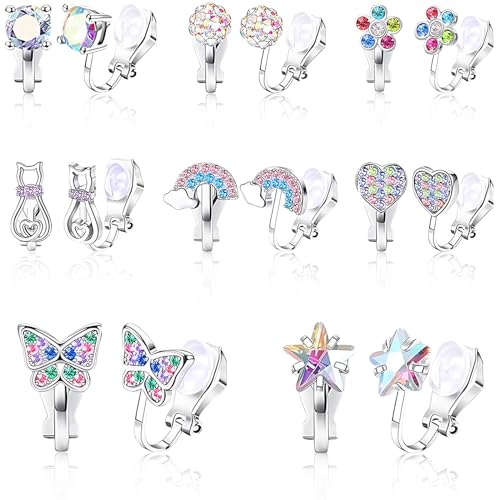Clip Ohrringe 8 Paar Ohrclips Kinder Ohne Ohrlöcher Clip on Ohrringe Mädchen mit Schmetterlinge Blumen Liebe Schildkröten Hypoallergene Ohrclips für Kinder Mädchen Geschenk (Kombination 2)