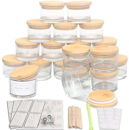 MILIVIXAY Paquete de 20 tarros de cristal transparente de 4 onzas con tapas y kits de fabricación de velas, tarros pequeños vacíos de boca ancha a granel para hacer velas, recipientes de especias y
