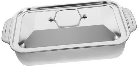 HOLIDYOYO Plat Inox Rectangulaire Avec Couvercle 16 Pouces Plateau Profond Pour Poisson Grillé Et Viande RéSistant Facile À Nettoyer Cuisine Maison