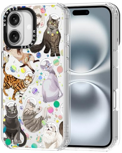 MOSNOVO Case for iPhone 16 Plus, [Buffertech 6.6ft Military-Grade Drop Protection] [Anti Peel Off Tech] Clear TPU Bumper Phone Case Cover Design - Space Cat