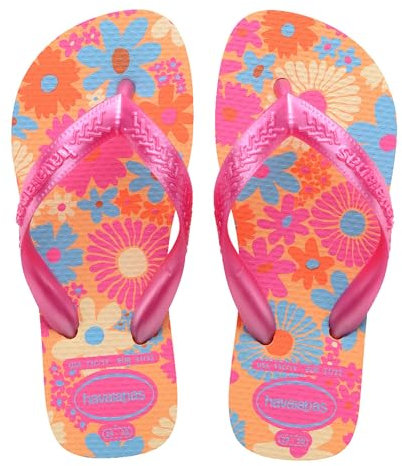 Havaianas – Kids Flores, bequeme, langlebige und witzige Flip-Flops, Sohle mit Blumenmuster, Metallic-Riemen und rutschfeste Sohle, Mädchen, 29-30 EU