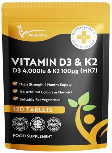 Vitamin D3 4000iu & Vitamin K2 100mcg (MK7) | 120 High Strength Vegetarian Tablets 4-Month Supply | Vitamin D K2 Supplement 1-A-Day Easy to Swallow D3 K2 (not Capsules) | Non-GMO | Made in The UK
