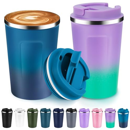 Volhoply 340ml 12oz Double Wall Insulated Vacuum Travel Coffee Mugs with Flip Lid Bulk 2 Pack,Reusable Stainless Steel Leak Proof Coffee Cup,Cafe Thermal Tumbler for Hot & Cold Drinks(Mix,2 Set)