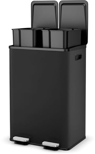 COSTWAY Poubelle Cuisine 2 x 30L, Poubelle Tri Selectif en Acier Inox, Anti-Empreinte, 2 Seaux Intérieurs en Plastique, Fermeture en Douceur, Casier pour Désodorisant (Noir,2x30L)
