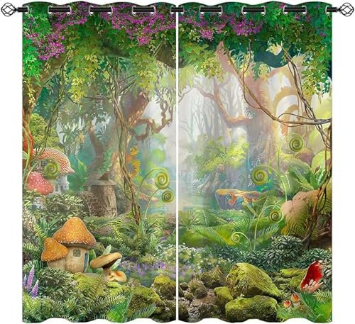 ZZTBQ Cartoon Forest Window Treatments Mushroom Curtain Tree House W 46 x H 90 / 2 Panels Window Drapes Decor Modern