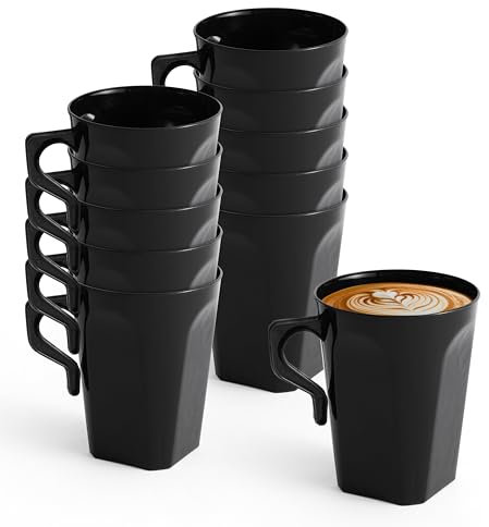 MATANA 150 Black Hard Plastic Coffee Mugs, 255ml - Cups with Handles for Coffee, Tea, Chocolates, Hot & Cold Drinks - Sturdy & Reusable - Camping, Picnic, Barbecues, Parties