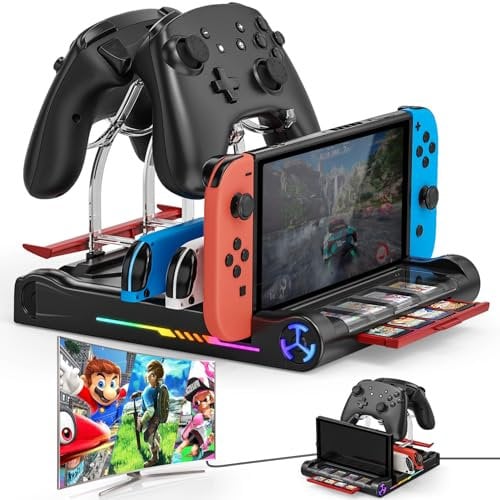 Tendak Switch Docking Station, Stazione TV Dock per Nintendo Switch/Switch OLED, Stazione di Ricarica LED per JoyCon, Caricatore per Controller con 8 Slot Schede di Gioco