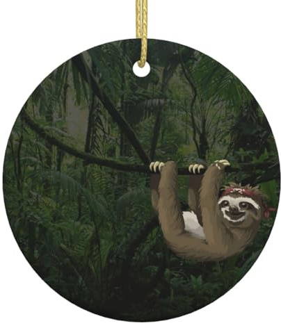 Xmas Tree Ornaments White Ceramic Hanging Accessories Sloth In Tropical Jungle Christmas Tree Decorations Bauble Home Decor (Round Shaped)