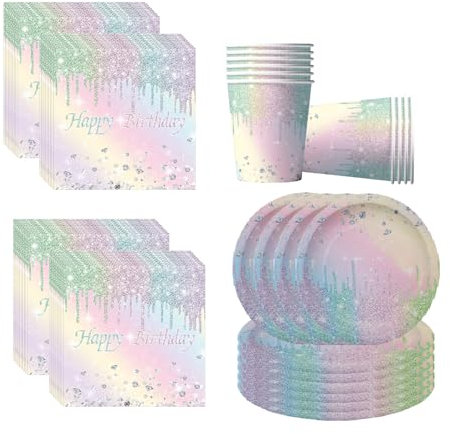 Set da tavola per 10 ospiti, composto da 10 piatti di carta, 10 bicchieri e 20 tovaglioli arcobaleno