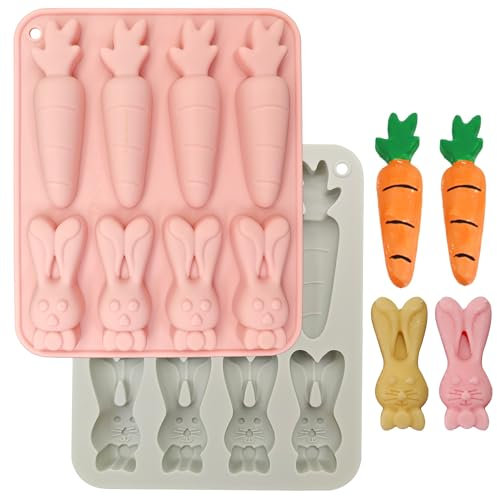SEABABOO Silikonformen Hase Karotte Ostern 8 Cavity 2 Stück Silikonform Kaninchen Silikon Hasenform Silikonform 3D Ostern Backen Osterhase Backform für Ostern Schokolade Muffins Gelee (Rosa Grau)