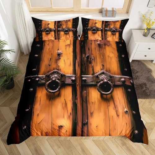 Homemissing Vintage Ferme Porte en Bois Parure De Lit Brun Rustique Porte Panneau De Grain Bois Housse Couette 240X260Cm Hommes Femmes Vintage Fenêtre en Ensemble Literie