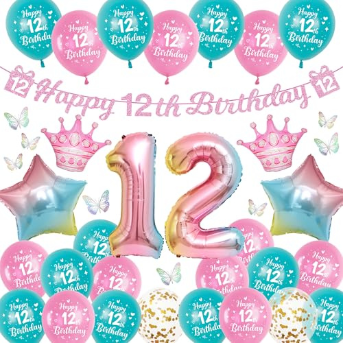 12. Geburtstag Deko Mädchen, 40 Stück Rosa Luftballons 3D Schmetterlinge | Happy Birthday Girlande mit Zahlenballons, 12 Jahre Geburtstagsdeko für Mädchen Kindergeburtstag Party