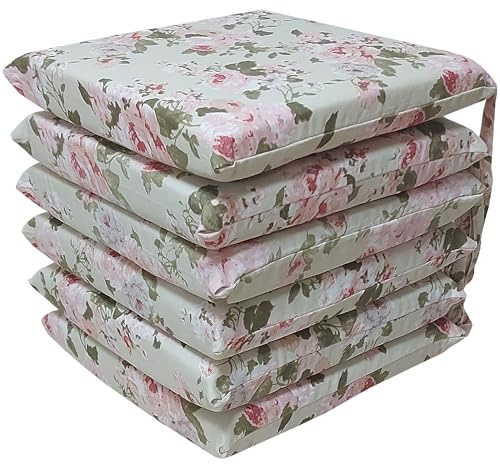 Cuscini Sedie Cucina Set da 4 o 6, Cuscini per Sedie Quadrati 40x40 cm, Coprisedia con Laccetti, Copri Sedia da Cucina Sfoderabili, Cuscino Sedia Coprisedie in 100% Cotone double face (6 Peonia Rosa)