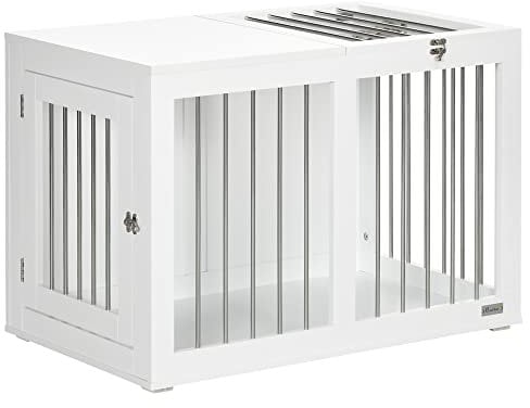 PawHut Jaula para Perros Medianos 2 en 1 Mesa Auxiliar Estilo Moderno con 2 Puertas con Pestillo y Estructura de Acero Inoxidable Casa para Perros 80x50x56,5 cm Blanco