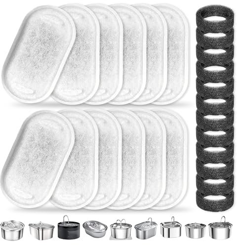 Filtros Fuente Gatos 24 uds – Filtro Fuente para Gatos con 12 Filtros de Carbón y 12 Esponjas – Agua Limpia, Reutilizable y Compatible con Fuentes de Acero Inoxidable