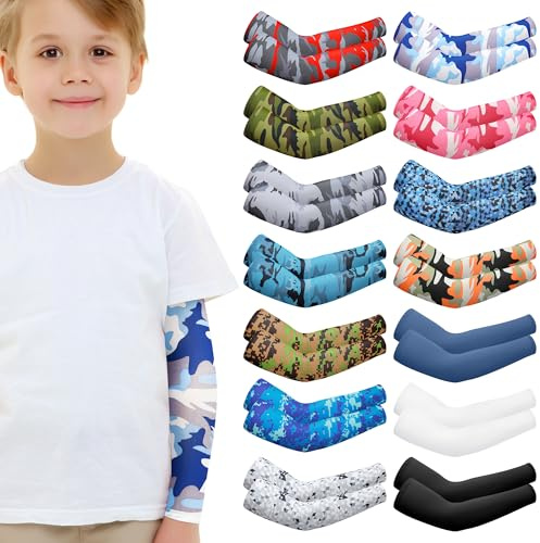 Cooraby Lot de 14 paires de manchons de compression pour enfant, garçon, fille, baseball, football, sport, protection solaire
