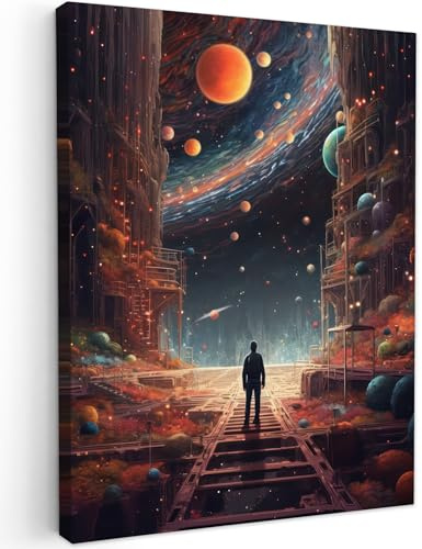 MuchoWow© Bilder Wohnzimmer Deko Modern Wandbild Kunstdruck auf Leinwand | 50x70 cm - Bild Schlafzimmer über Bett Room Decor Geschenke Andersweltlich - Astronaut - Planeten - Weltraum