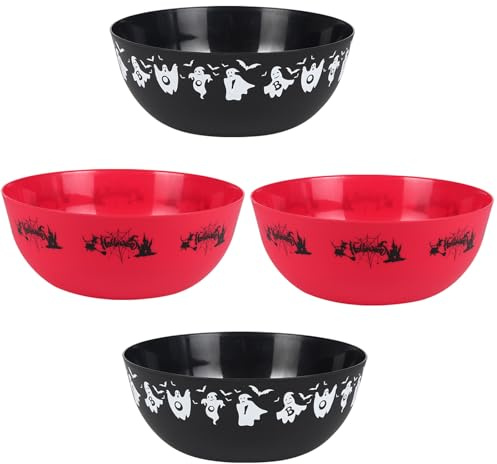 AUECOOME 4 Pieces halloween bowls for candy large - Plastic Trick or Treat Bowls, Reusable Serving plastic bowl for Halloween Party Supplies (Black Red)