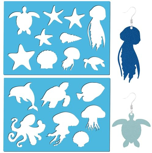 GORGECRAFT 2 Styles 13x9cm Boucles d'oreilles Pochoirs Océan Étoile de Mer Tortue de Mer Poulpe Méduse Dauphin Créatures Marines Fabrication de Bijoux Modèle Découpe Pochoir Boucles d'oreilles