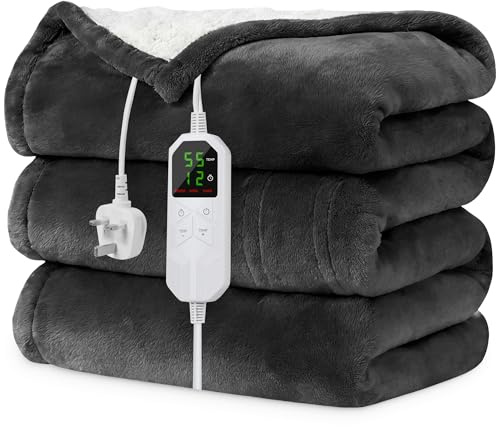 Netraty Heated Blanket Electric Throw 180x130CM, 8 Heat Levels & 12H Auto-Off Timer & LED Display Heating Blanket, Soft Flannel Sherpa, Sofa Bed Office Use, Overheat Protection Machine Washable (Grey)