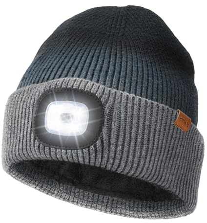 Wmcaps Mütze mit LED Licht, Type-C, wiederaufladbar, warme Futter, Geschenk | Dehnbar-weich, Freihändige Stirnlampe, Wintermütze für Herren, Ideal für Joggen, Hundespaziergänge und nächtliche Arbeiten.