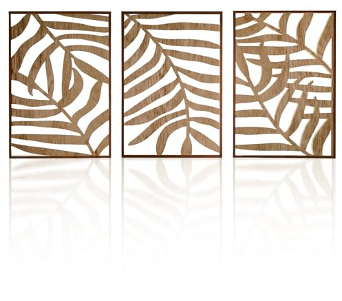 Jinzhenhong 3Pcs Modern Wooden Wall Sculptures, Leaf Sign Vintage Tropical Plant Wall, Wood Rustic Palm Leaves Wall Art Decor for Living Room Bathroom Bedroom Office (Leaf 2 Dark Brown)