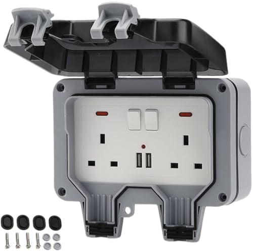 Waterproof Indoor Outdoor 2 Gang 13A Wall Socket Box Outside + Double USB UK Plug IP66 Rated Electrical Outlet