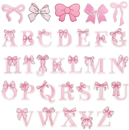 VelvetGlow Pink Bow Letter Patches,31 Pcs Pink Coquette Bowcore Girly Aesthetic Iron-On Patches - Cute Ribbon Bows Embroidery Patches For Backpacks Clothing Hats Jackets Decor