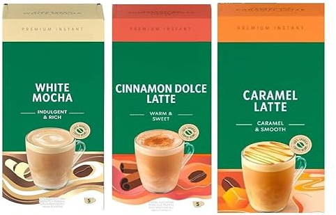 Star Variety Pack Premium Instant Coffee Sachets Flavours inc. White Mocha, Caramel Latte, and Cinnamon Dolce. (Pack of 3, Each Pack 5 Sachets, Total 15 Sachets) Zamfoods coffee bundle
