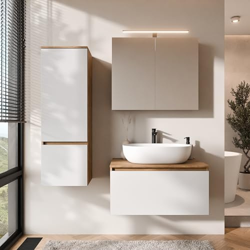 Planetmöbel Arisa Badmöbel Set Waschtisch mit Unterschrank | 80 cm, gold eiche weiß mit ARIA Spiegelschrank und Hochschrank, Waschbecken 60 cm gold eiche weiß, Raumsparsiphon
