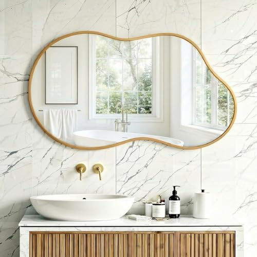 Clevich Wall Mirror, 50X91cm Cloud Wavy Hanging Mirror, Irregular Asymmetrical Bathroom Mirror with 3mm HD Tempered Glass and Aluminum Alloy Frame for Living Room/Bedroom/Entryway/Hallway (Gold)