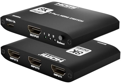 ArbaroClara HDMI 2.1 Switch 3 in 1 Out 8k60Hz,3 Port HDMI Switcher 4K@144Hz, 48Gbps,VRR, Dynamic HDR, HDCP 2.3，for PS5/Xbox Series X/Apple TV 8K/Roku Ultra/Fire Stick 8K Max