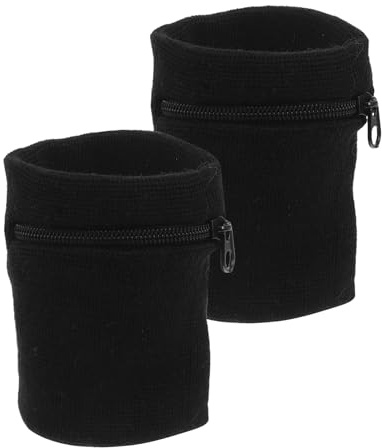Mikikit 2 Stück Pack Sport Armbänder mit Reißverschlusstasche Schweißabsorbierend Langlebiges Stoffarmband für Laufen und Fitness Handgelenktasche für Münzen und Schlüssel Schwarz