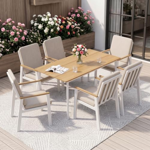 Atenza Gartenmöbel Set 7-teilig wetterfest, Tisch 150x80 cm, 6 Stühle | Aluminiumgestell, PS-Holzoptikplatte, Auflagen mit Haltebändern, verstellbare Füße, für Terrasse Garten Balkon