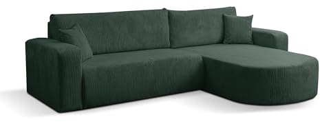 VENASI MÖBEL Ecksofa Tokio, Eckcouch in L-Form mit Schlaffunktion und Bettkasten, Farbe: Grün, Cordstoff, Ottomane Universal