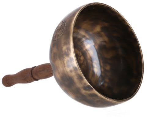 Handgefertigte Klangschale aus Nepal, mit ergonomischem Griff und Klöppel | Perfekt für Klangmassage, Energiearbeit, sichere Handhabung, tibetische Gravierungen.