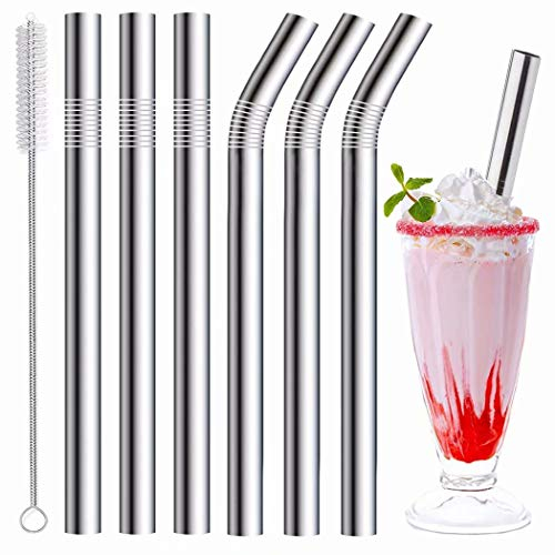 Vinaco Milkshake Straws & Smoothie Straws, 6 Pack 216mm & 266mm Long Straws x 10mm Diam Wide Straws, Reusable Stainless Steel Straws with 1 Straw Cleaner for Homemade Thick Drinks