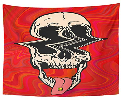 Emvency Wandteppich, Mandala, Hippie-Wandbehang, bunt, Glitch LSD Psychedelic Skull of On Acid Trippy Rot Pink Halloween Trip 60er Jahre Home Decor Tapisserie für Schlafzimmer