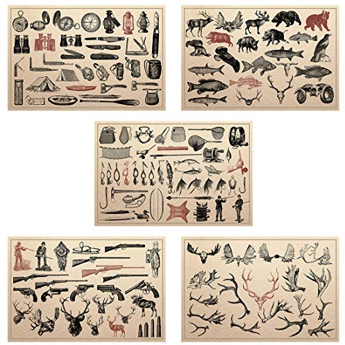 Meishe Art Poster Kunstdrucke Bilder Jahrgang Plakate Drucken Plakatdruck Jagd Angeln Outdoor Werkzeuge Sammlung Identifizierung Verweis Abbildung Wald Wilde Tiere Wand Decor 5pcs