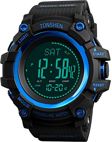 TONSHEN Multifonctionnelnel Outdoor Sport Montre de Homme Plastique Caisse et Caoutchouc Ruban LED Électronique Digitale Boussole Altimètre Thermomètre Pédomètre Montres Bracelet (Bleu)