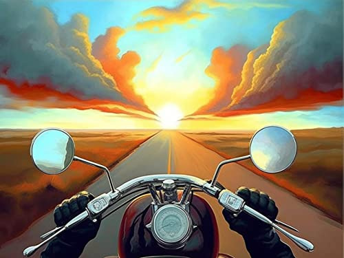 VAIIEYO Kit de peinture diamant 5D Peinture à l'huile pour moto de Prairie Peinture avec diamants Route Soleil Pleine Perceuse Ronde Strass pour la Maison Cadeau Décoration Murale Adultes 30 x 40cm