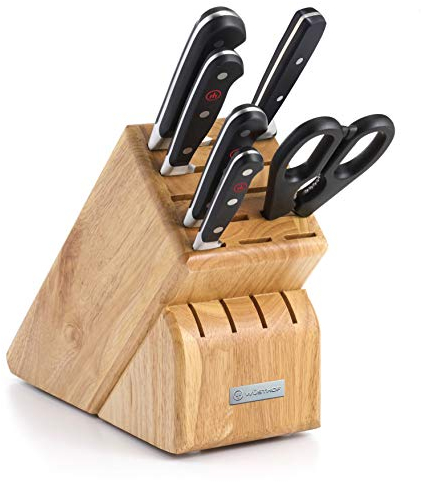* El juego de 7 piezas incluye cuchillo de pelar de 3-1/2 pulgadas, cuchillo utilitario de 6 pulgadas, cuchillo de pan de 8 pulgadas, cuchillo de cocina de 8 pulgadas, acero de pulido de 9 pulgadas