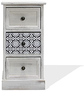 Rebecca Mobili Nachttisch 3 Schubfächer, Kleine Kommode mit Schubfächern, MDF Holz, Weiß Grau, Zusammengebaut, Abgenutzter Stil - Abmessungen: 59,5 × 30 × 25 cm (H×B×T) - Art. RE6603