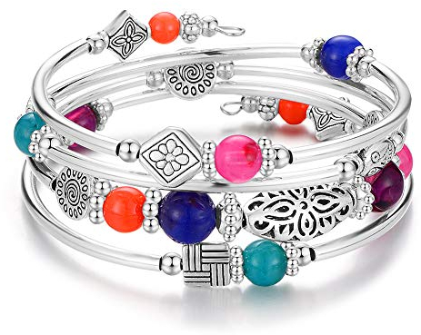Damen Wickelarmband aus Natur Achat Stein Mehrschichtiges Perlen Silber Armkette Valentinstag Modeschmuck Geschenk (Bunt)