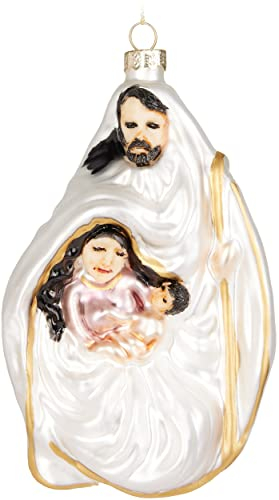 BRUBAKER Maria und Jesus unter dem Schutz des Gott Vaters Weiß Gold - Handbemalte Weihnachtskugel aus Glas - Mundgeblasener Christbaumschmuck Figuren Lustig Deko Anhänger Baumkugel - 13,9 cm
