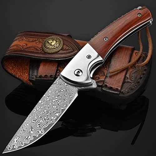 LOTHAR FLAMINGO Couteau de Poche Damas, Couteau Pliant en Acier Damas 67 Couches avec Étui en Cuir et Manche en Bois Ergonomique, Couteau de Poche Pliant pour Survie, Chasse, Pêche et Collection