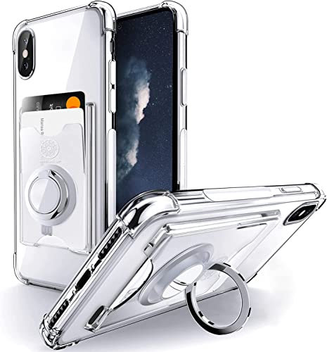 SHIELDS UP Designed for iPhone X Case, iPhone Xs Case, Minimalist Wallet Case with Ring Kickstand and Card Holder, Transparent Slim Shockproof TPU Bumper Cover for iPhone X/XS - Clear