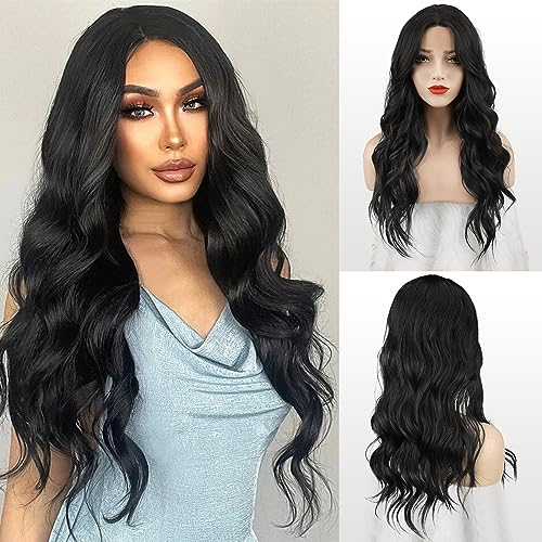 FESHFEN Lange Wellig Perücken Schwarz, Lace Front Perücke Mittelscheitel für Damen Frauen Synthetik Haar Wellen Wig Natürliche Gewellte Perücken für Karneval, 65 cm