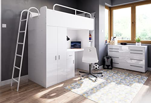 Marlux-Meble Hochbett JSM-4 80x190 mit Kleiderschrank Schreibtisch und Leiter Hochglanz Kinderbetten Funktionsbett Etagenbett Stockbett Kinderhochbett Jugendhochbett (Weiß Glanz)